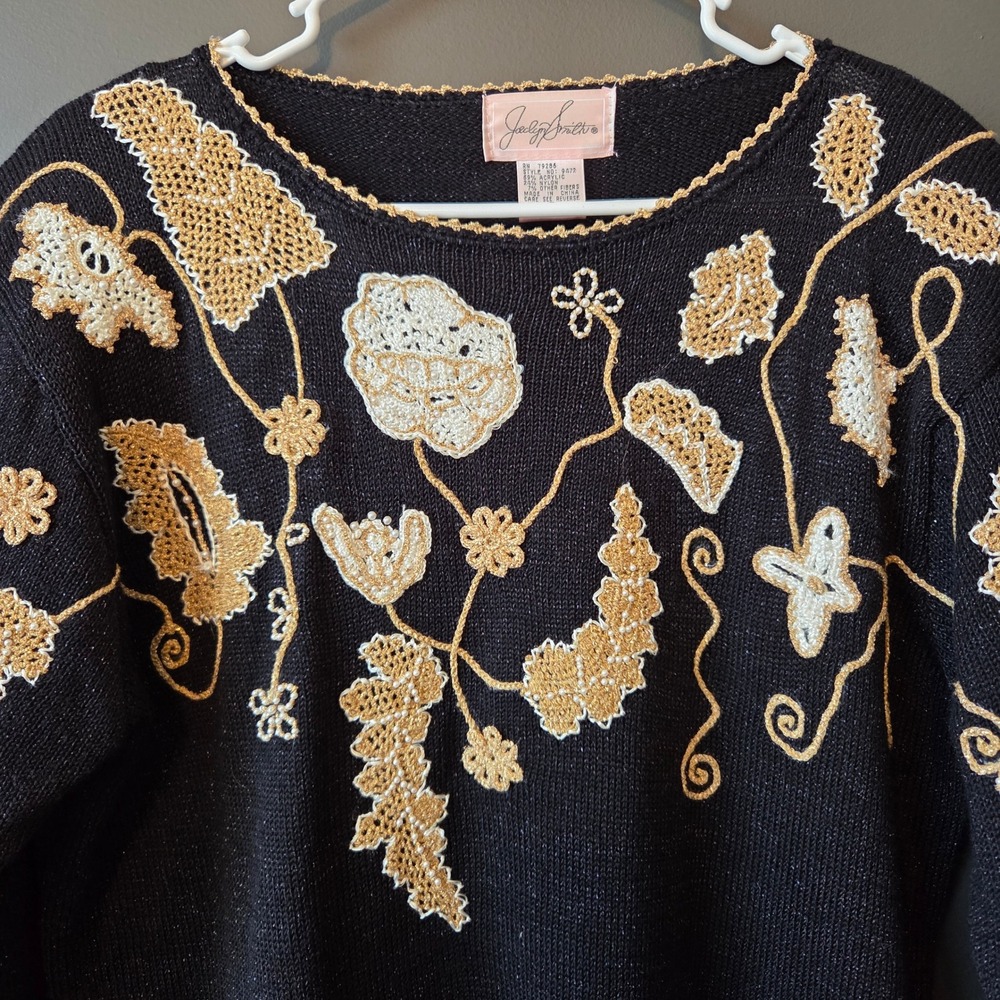 Vintage Jaclyn‎ Smith Black Sparkle Floral Embellished Sweater Top Large 80s 90s - Picture 2 of 5